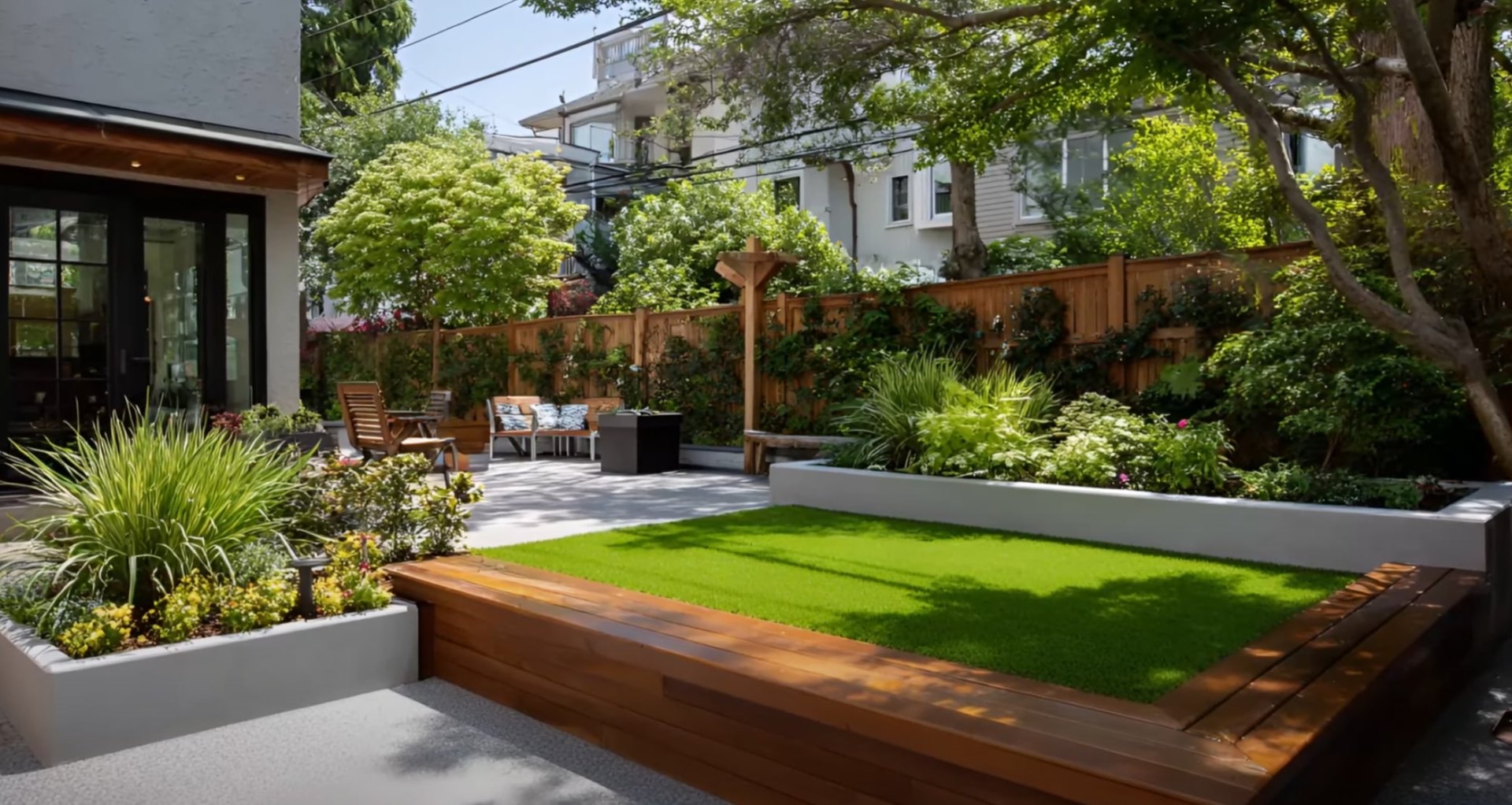 Modern backyard design with raised planters, outdoor seating area, wooden fence, and integrated lawn space